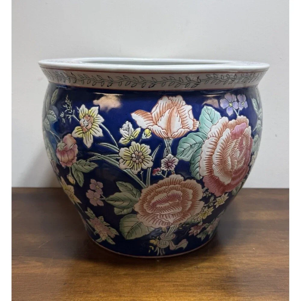 Vintage Porcelain Asian Fish Bowl Planter Pot Koi Chinoiserie 12x10 Blue Floral